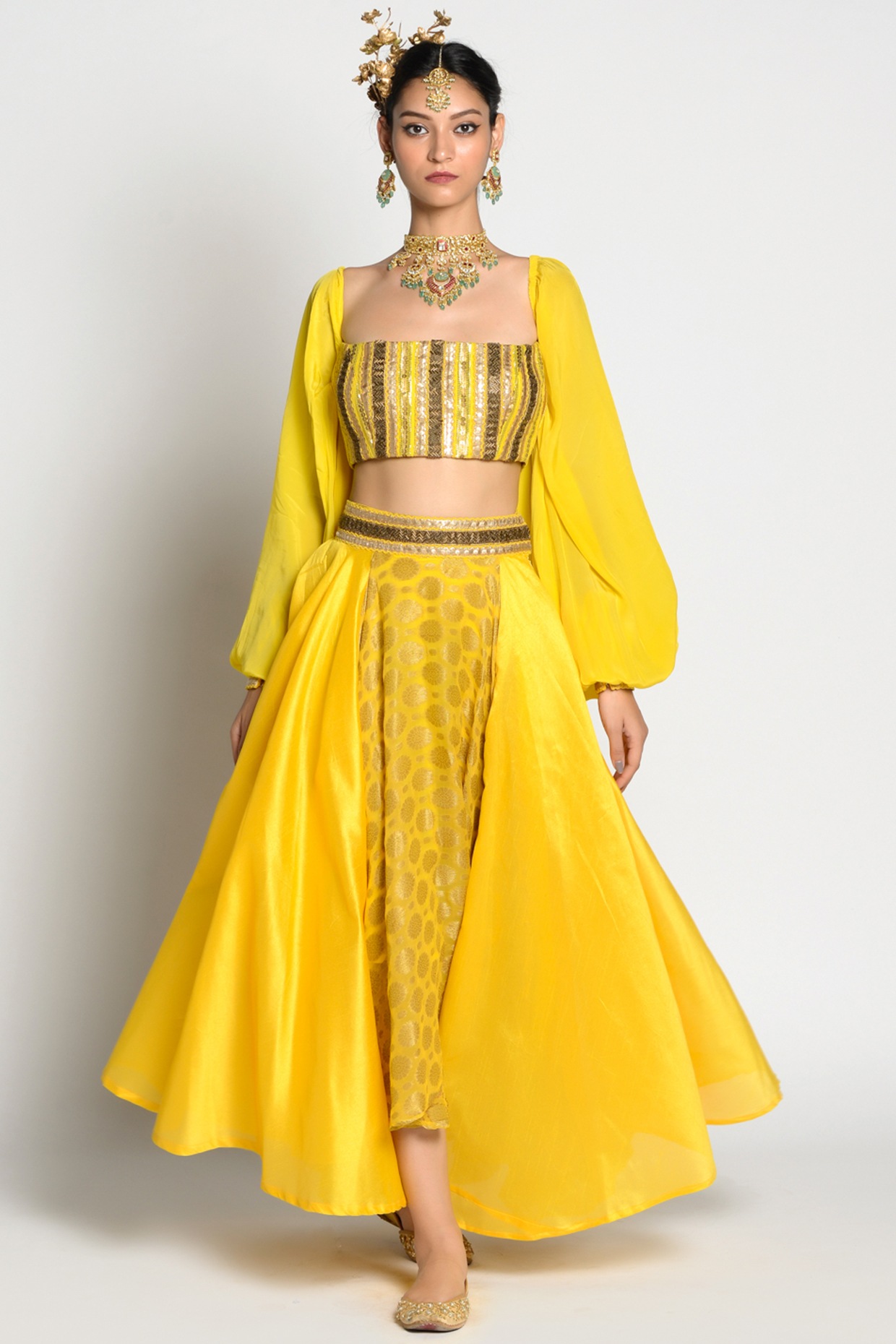 Buy Exquisite Yellow Rayon With Hand Work HighLow Crop Top With Skirt |  Lehenga-Saree